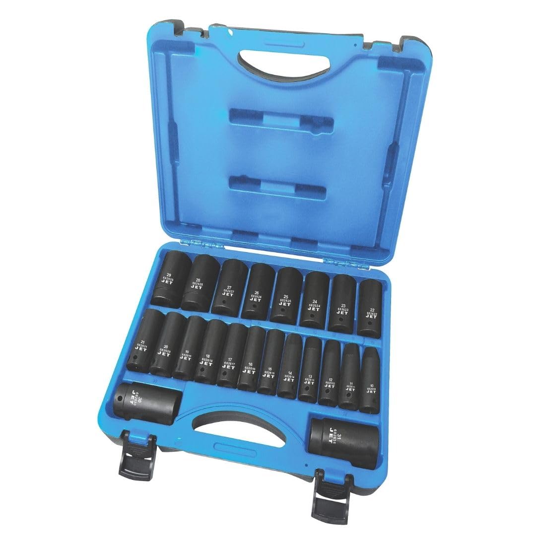 JET 1/2 Inch Drive Impact Socket Set - Metric 6 Point Deep Sockets with Torque Drive - 22 Pieces