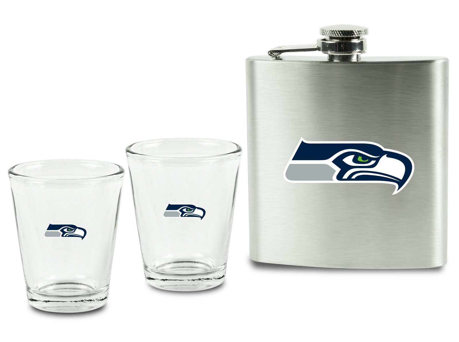 Pro Specialties Group NFL New England Patriots Shot Glasses and Brushed Stainless Steel Flask Set