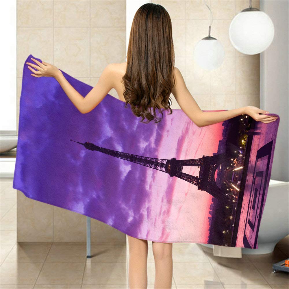 Moslion Comfy Bath Towels Paris Eiffel Tower Purple Sky Soft Bathing/Beach/Camping Towel for Women Men Girls Boys Large Size 64x32 Inches