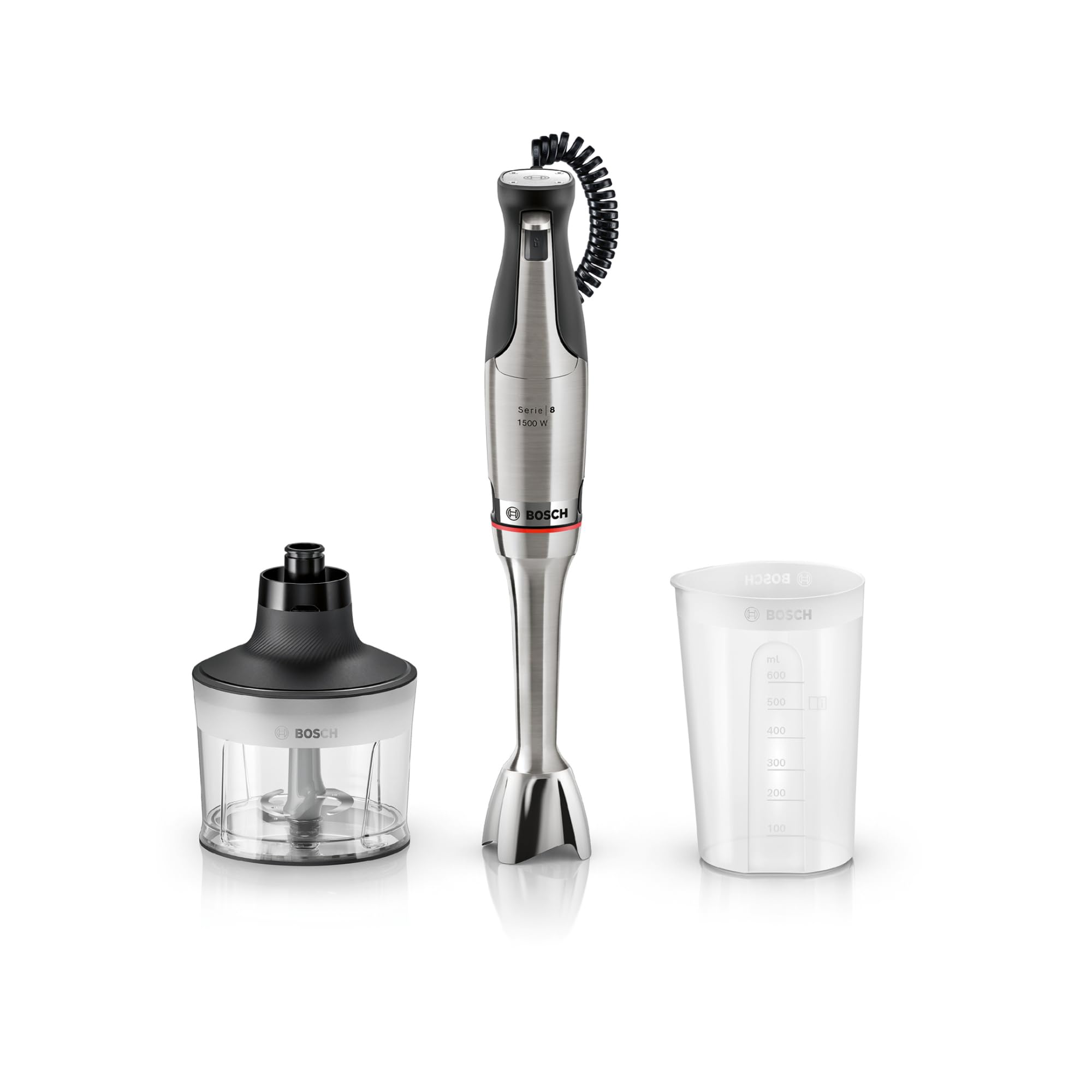 Bosch Hand blender, ErgoMaster 8 series, 1,500 watt motor, intuitive speed adjustment, 6-blade blade, accessories included, stainless steel, MSM8M930
