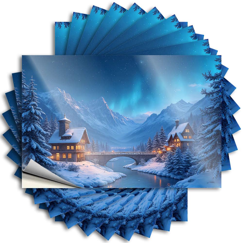 Bumper Laptop Big Snowy Mountain Village with Aurora Borealis for Interior - Pool Decorations Outdoor Easy Peel Removable(8X12CM)