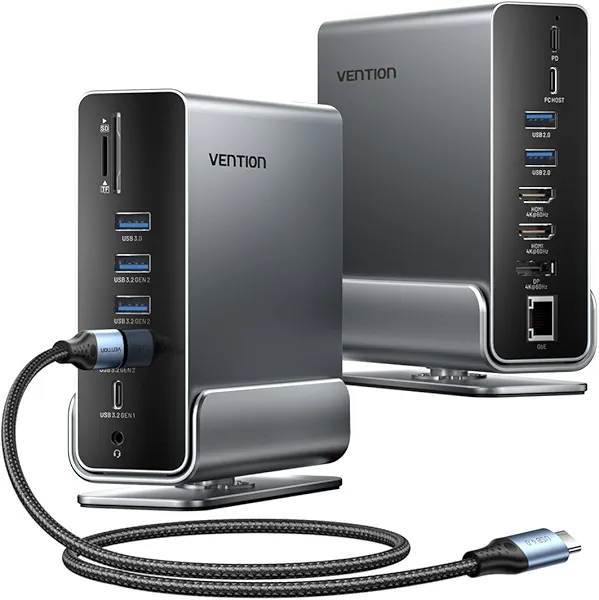 VENTION 15-in-1 Laptop Docking Station Dual Monitor, 360° Roatable Triple Monitor Docking Station with 2 * 4K HDMI and 1*DP, PD 100W Charging for Laptop, 10Gbps USB Port Transfer, RJ45, Audio, SD/TF