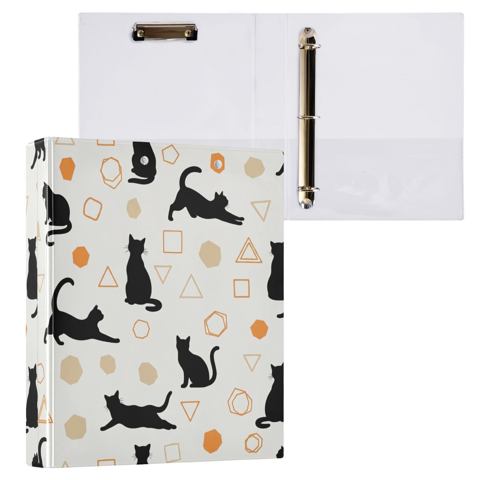 Carpeta de 3 anillos de gato negro beige, carpeta de anillos en D, paquete de 2 | Con portapapeles y bolsillos, para escuela, universidad, oficina