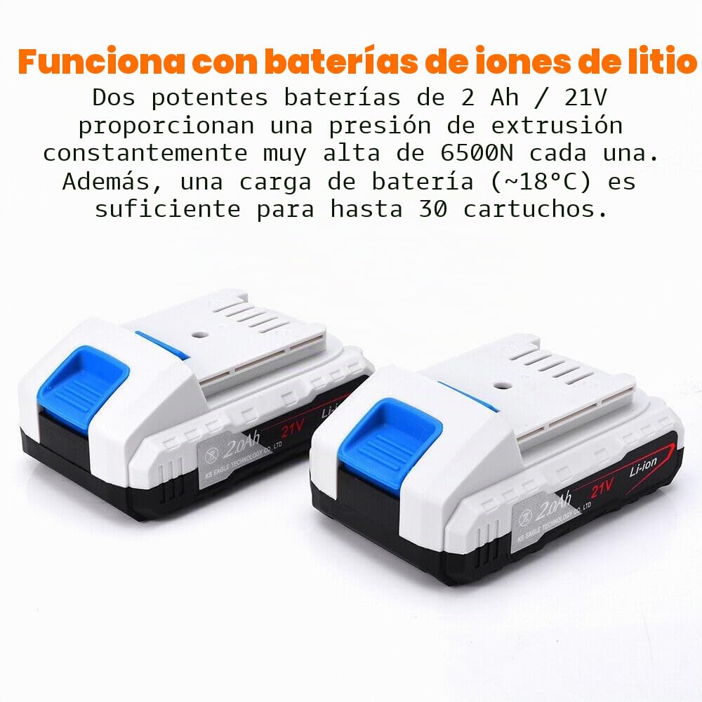 2 x baterías de 21 V, pistola de cartuchos, pistola de calafateo de silicona, 6500 N | Para cartuchos de 300 ml, bolsa de tubo de 600 ml, 6 velocidades, incluye cargador, jeringa eléctrica de silicona con LED