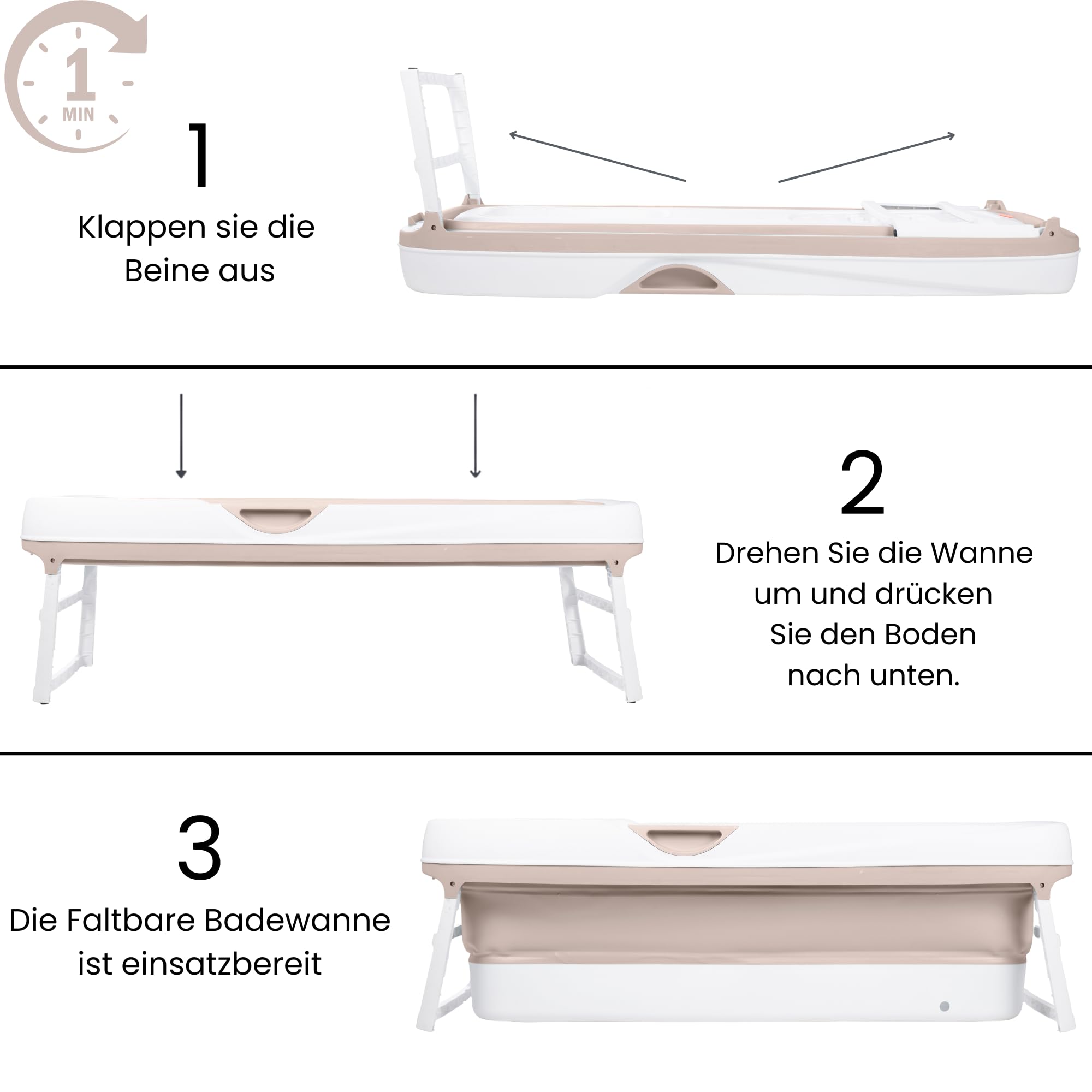 HelloBath® Bañera Plegable XXL 157x60x48 cm para Adultos | Bañera Portátil con Cojín de Baño, Bolsa de Almacenamiento, Luz LED & Rodillos de Masaje | Móvil para Ducha & Exterior | Arena