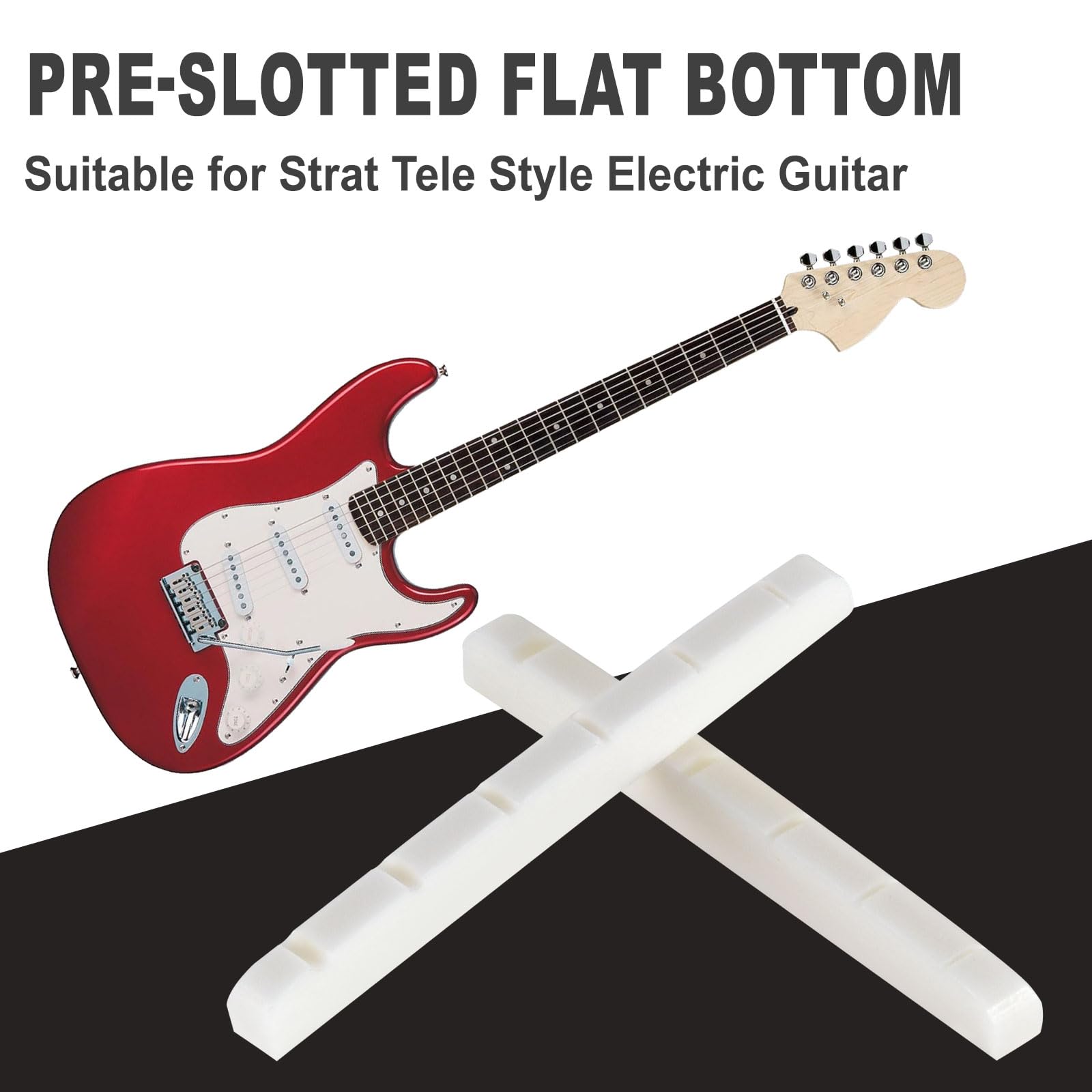2 x nakrętka kostna do gitary elektrycznej 42 mm na 6 strun wstępnie rozciągnięte płaskie dno kompatybilne z gitarami Strat Tele, 42 x 3,5 x 4,5 / 3,5 mm (biały)