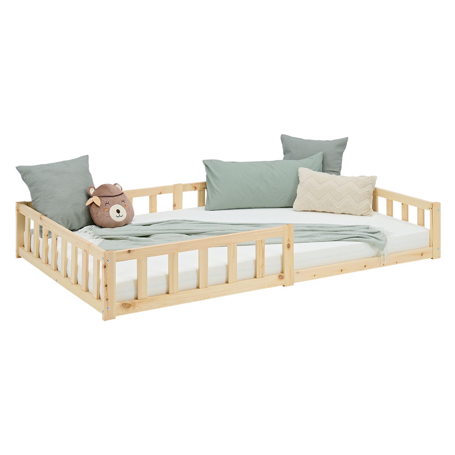Homestyle4u Lit de sol, 120 x 200 cm, naturel, Montessori en bois, pour enfant, avec protection anti-chute, sommier à lattes