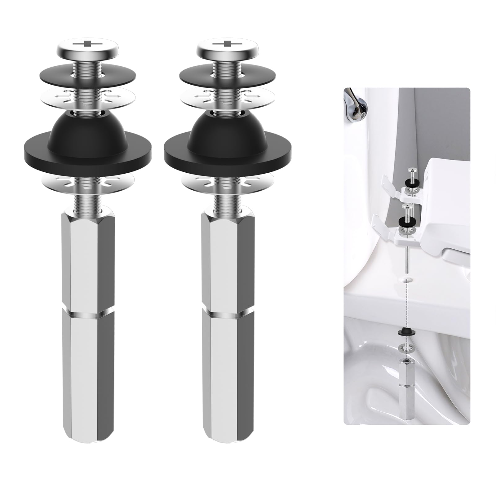 Hibbent2 Piece Universal Toilet Seat Screws Set, Heavy Duty Stainless Steel Toilet Screws with Extra Long Downlock Nuts, Rubber Washers, Easy to Install - Bathroom Toilet Repair Screw