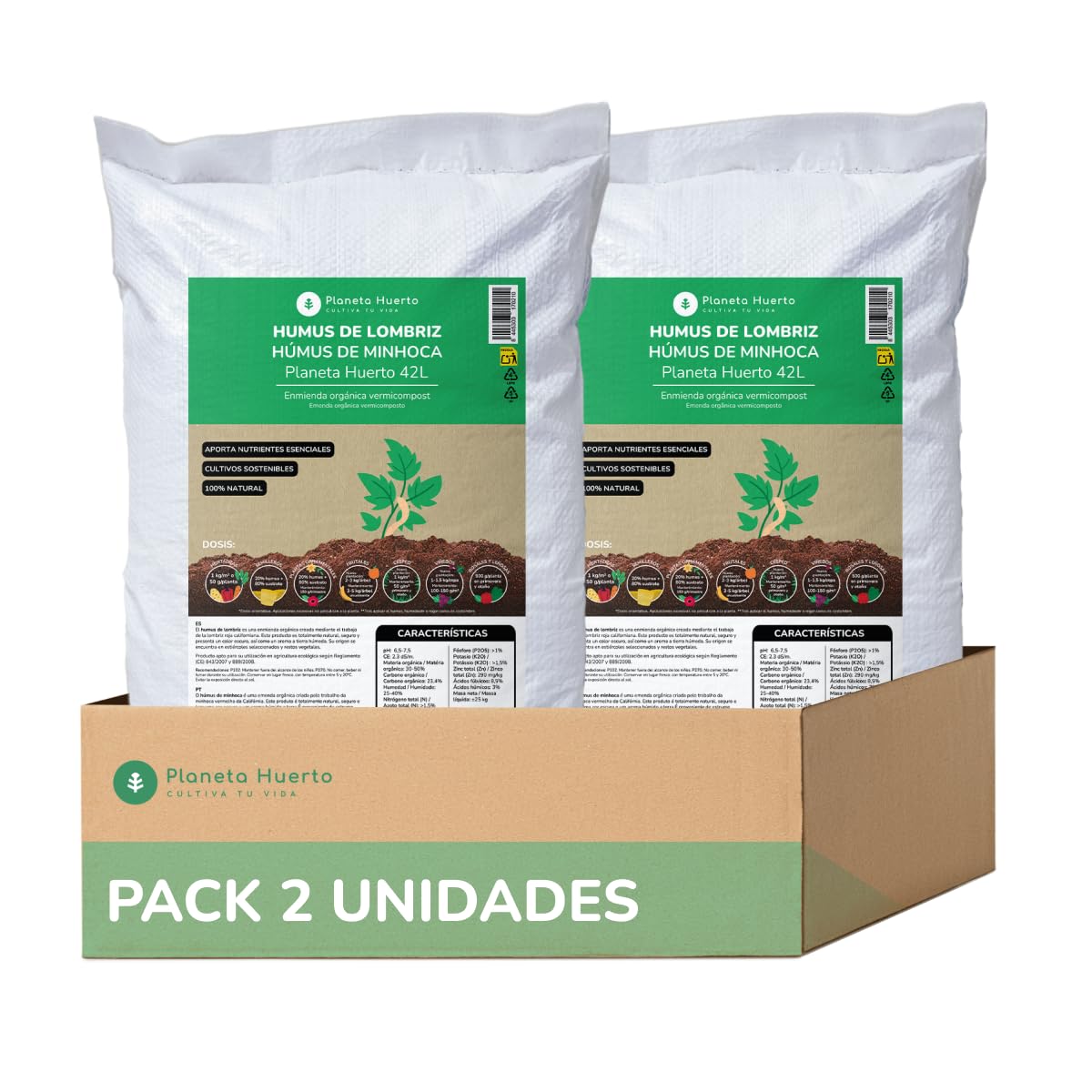 PLANETA HUERTO | Pack 2x Humus de Lombriz 42 L – Humus Enmienda orgánica natural para huerto y jardín, Fertilizante ecológico rico en nutrientes, mejora el suelo y estimula el crecimiento