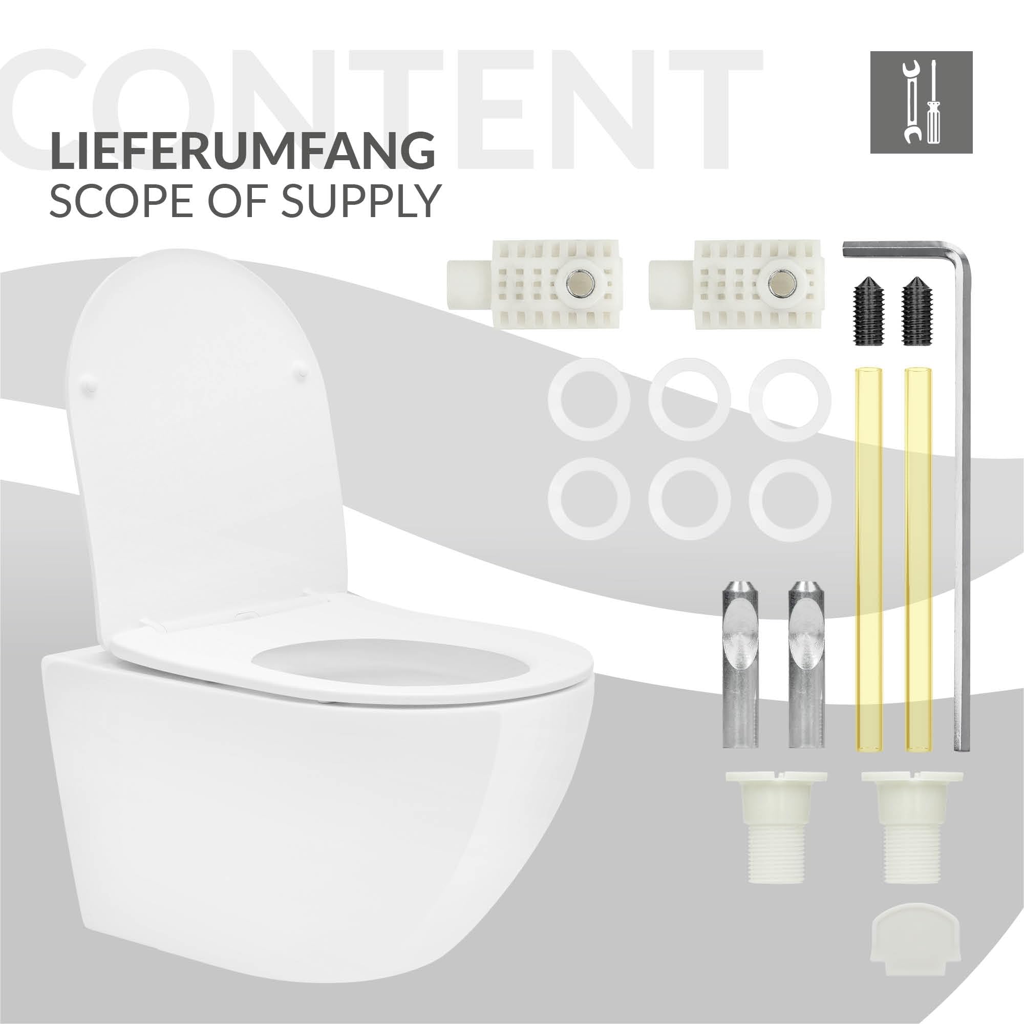 LuxeBath WC Suspendu sans Rebord, Blanc, en Céramique, à Chasse d'Eau Profonde Tornado, Long 54 cm, avec Couvercle Softclose, Cuvette Toilette Murale Brillante avec Abattant à Fermeture Automatique