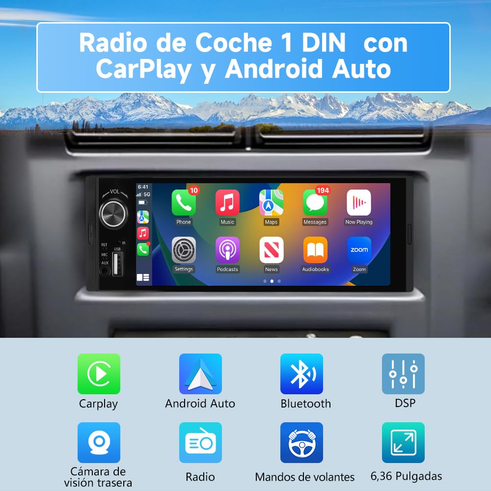 1 DIN Radio Coche Universal con Pantalla Táctil 6.36 Pulgadas, con CarPlay/AndroidAuto, Admite Carga Type-C/USB/Micrófono/FM/EQ/WiFi/GPS/Bluetooth/USB/SWC y Cámara Trasera