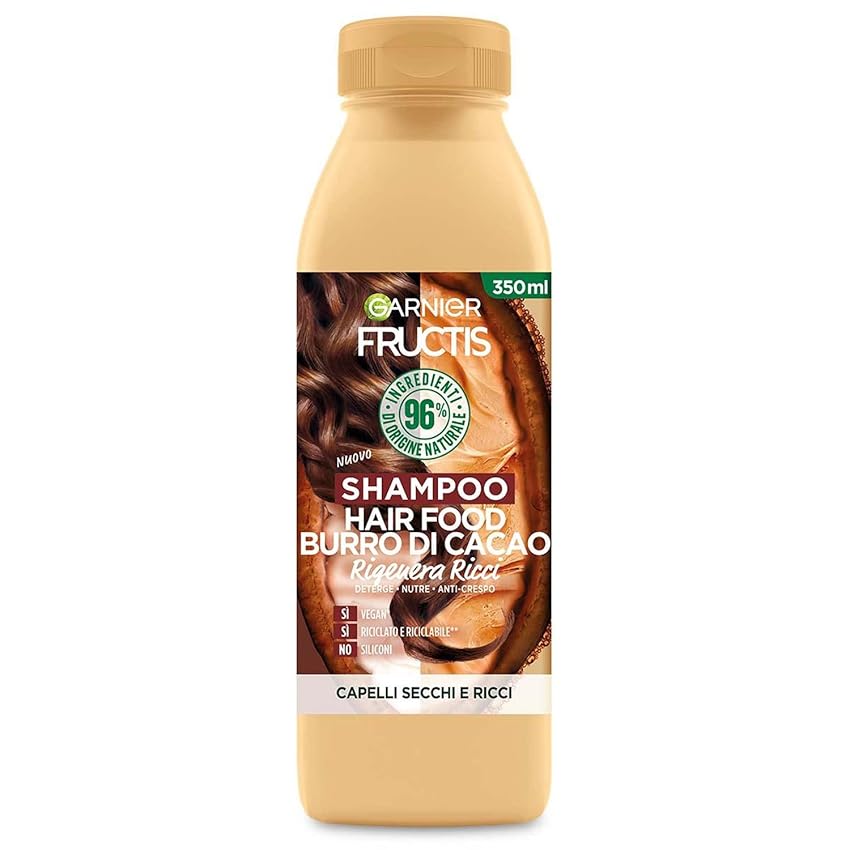 Garnier Fructis Hair Food Burro di Cacao Rigenerante, Shampoo per Capelli Secchi e Ricci, 97% di Ingredienti di Origine Naturale, Senza Siliconi, 350 ml