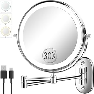 30X/1X Wall Mounted Lighted Makeup Mirror, 8'' Double Sided Rechargeable...
