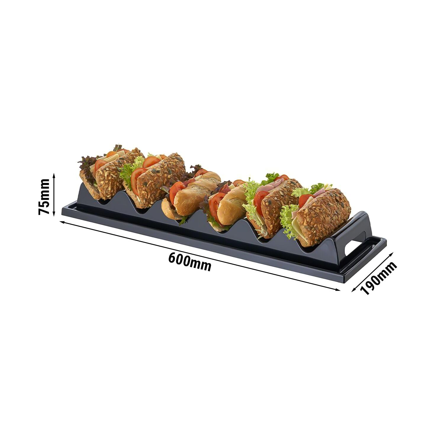APS 11889 Présentoir à Snacks/Plateau à Snacks - 6 Compartiments, 60 x 19 cm, Hauteur 7,5 cm, polystyrène, Noir, avec rainure pour jus et poignée encastrée, fabriqué en Allemagne