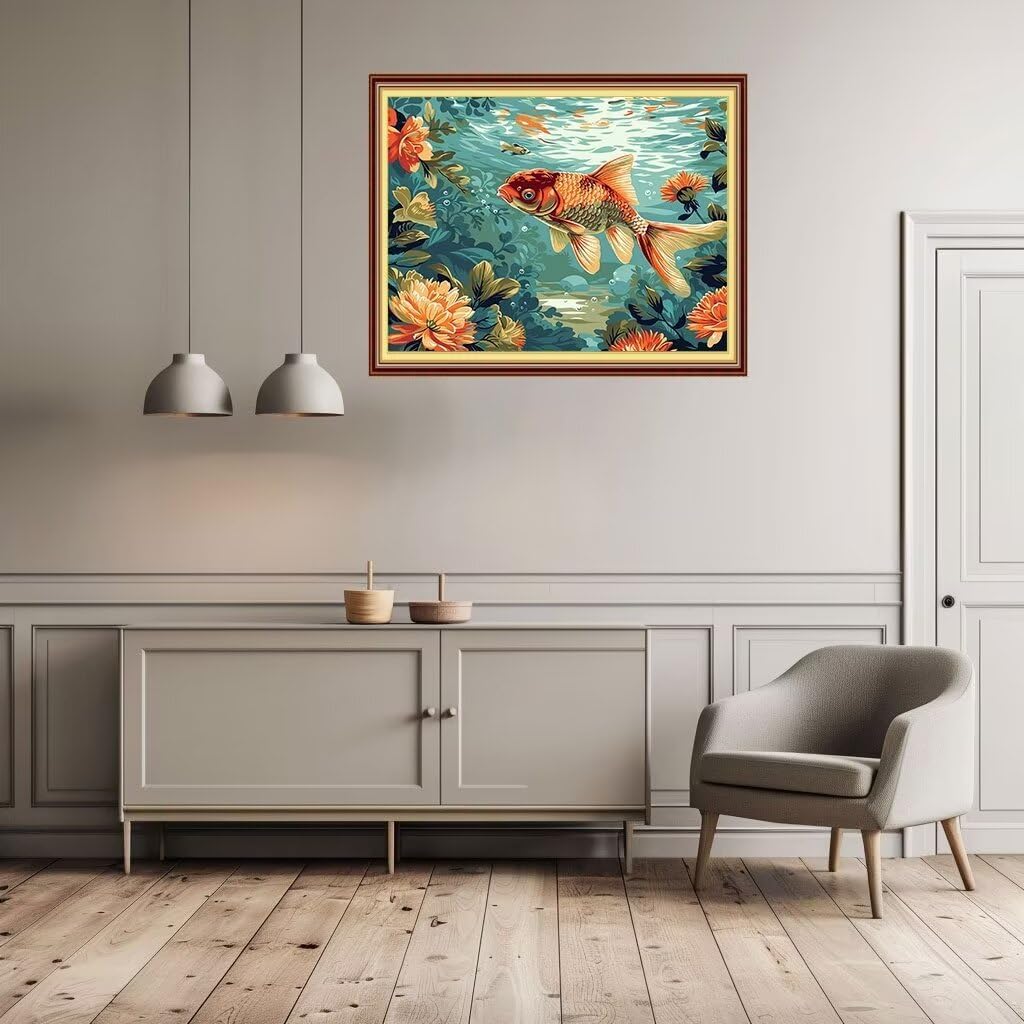 ペイントバイナンバー花 魚 数字油絵 DIY数字塗り絵 ペイントバイナンバーDIY大人油絵の芸術工芸品 番号絵画 キット含むけ ブラ