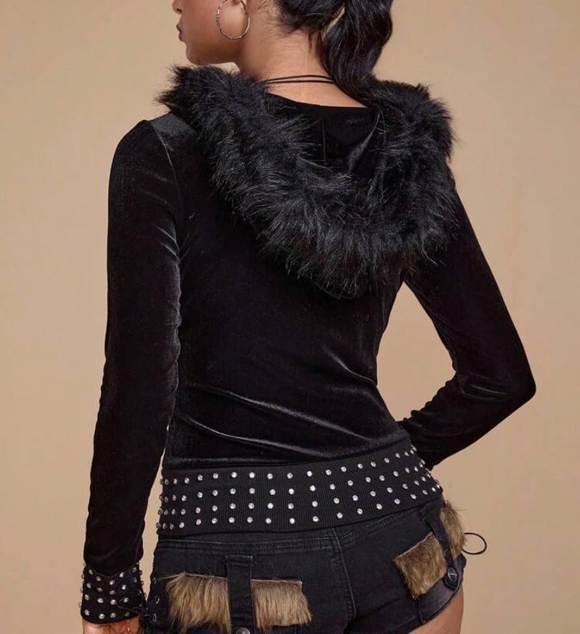 Y2K Rivet Faux Fur Hoodies For Women Zip Up Punk Gothic Stripe Slim Fit Trendy Tops Long Sleeves Casual Jacket - Image 4