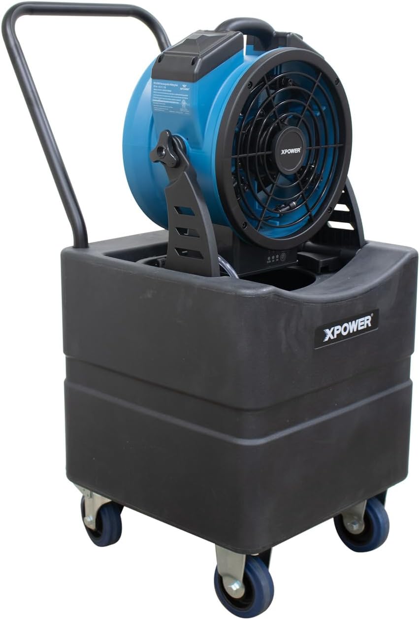 XPOWER FM-65WBK Battery Operated Rechargeable Variable Speed Outdoor Cooling Misting Fan with Built-in Water Pump, Hose, and WT-35 Mobile Water Reservoir Tank
