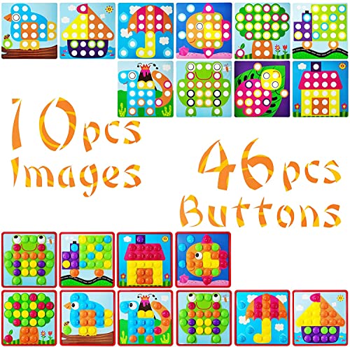 58 Pcs Button Art Toys For Toddlers,Toddler Activities Crafts For Toddlers 2-4 Years,Color Matching Mosaic Pegboard Early Learning Educational Toys,Include 12 Pictures And 46 Buttons With Box #TOP1