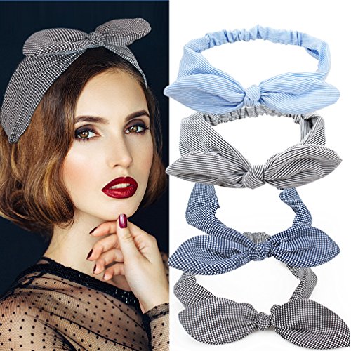 Jaciya 4 Pack Elastic Headbands Rabbit Ear Classic Grid Stripe Headband Hair Band for Women Girls Turban Headwraps Bows