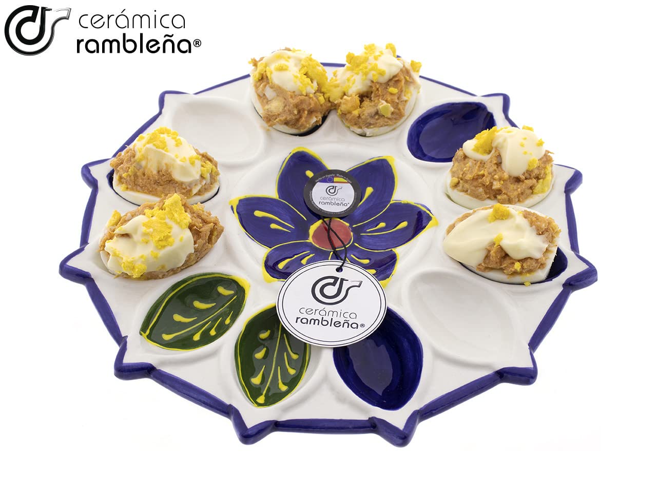 CÉRAMIQUE RAMBLAIGNE | Coquetier | Plat à œufs farcis | Plateau en céramique | Œufs farcis | Assiette à œufs modèle - M04 | Décoration 100 % faite main | 26 x 26 x 2,5 cm