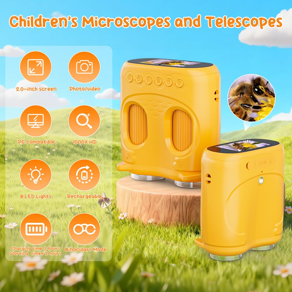 2 in 1 Microscopio Bambini e Telescopio, Temodu Microscopio Digitale da 2.0‘’, Elettronico Portatile Telescopio 10X con 8 luci LED, può essere utilizzato come regalo di compleanno o di Natale (Orange)
