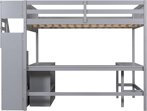 Miniatura 250 de Cama alta funcional tamaño individual con 2 cajones y 2 armarios, base de cama de madera maciza con barandilla de seguridad y escalera de