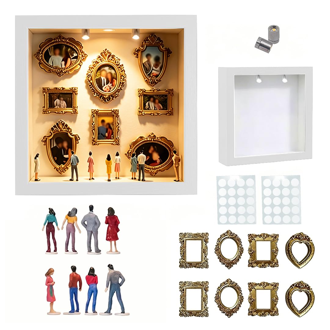 Diy Mini Museum Silhouette Box, RosyFate Shadow Box Frame con Mini Cornice e Figurine in Miniatura, Mini Museo Foto Idea Fai da Te Decorazioni Casa per Anniversario, Compleanno (Bianco)