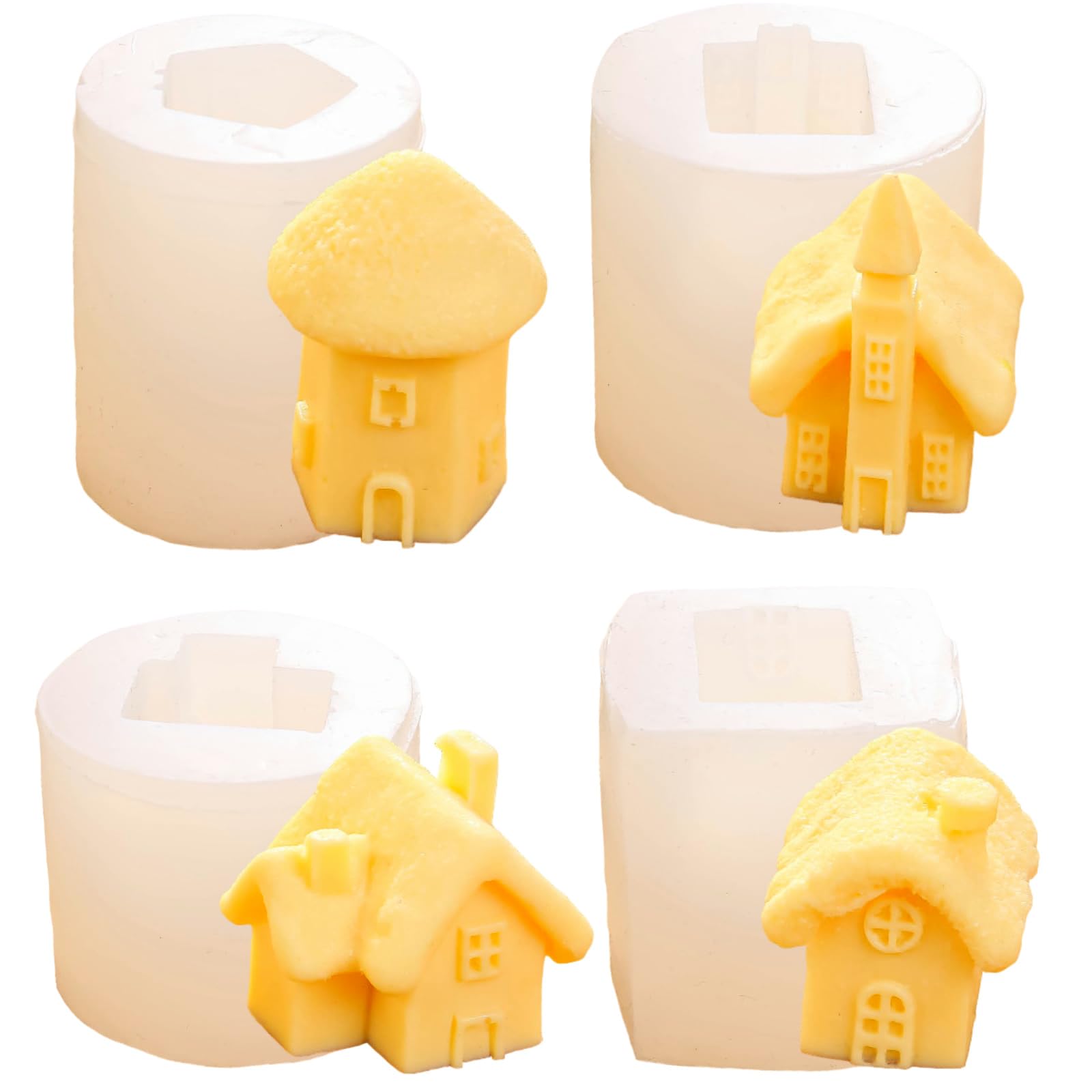 4 Pack Mini House Silicone Mold, Castle Baking Mold for Chocolate Cake Candle Soap Soy Wax DIY Handcraft, Resin Mold for Party Decoration