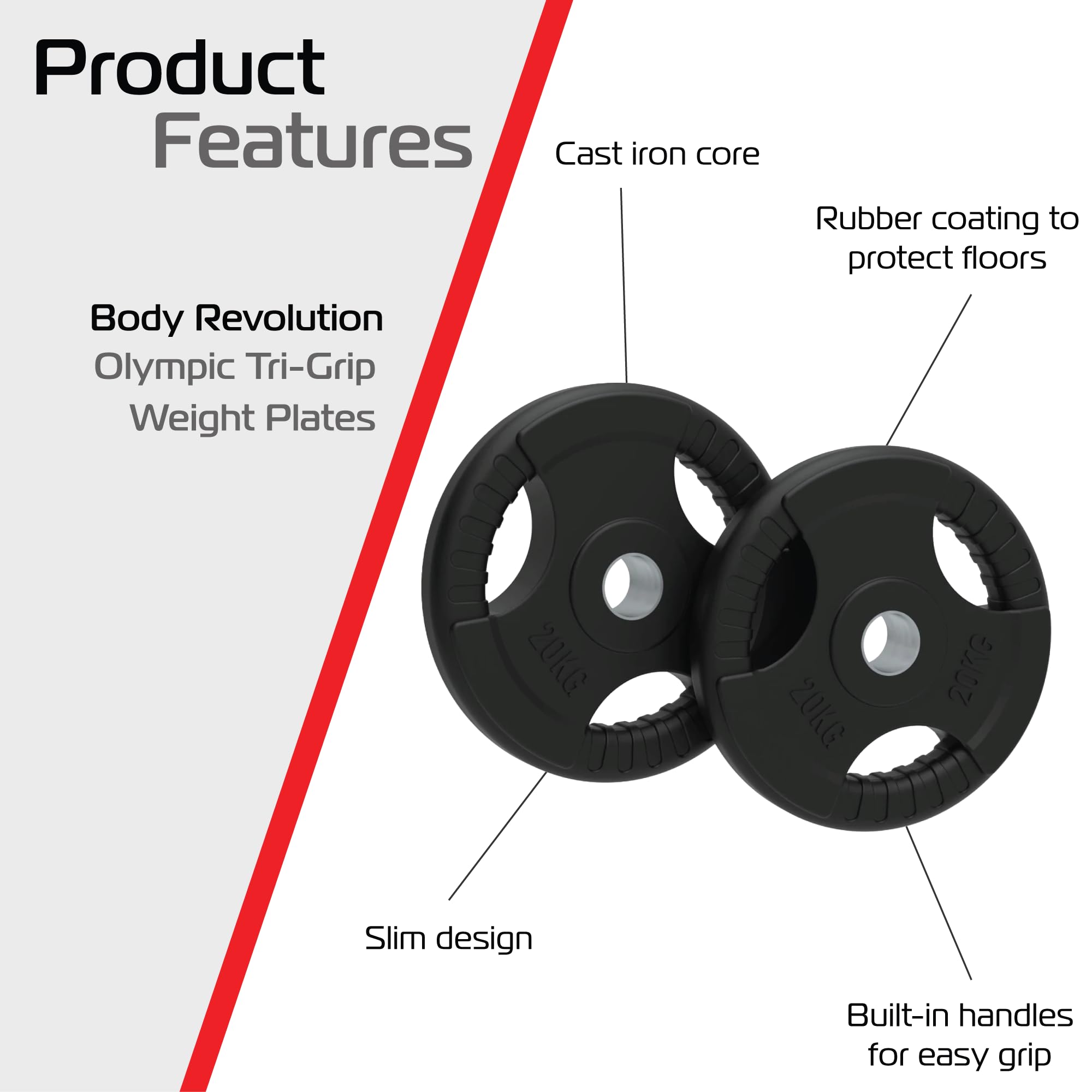 Body Revolution Olympic talerze do sztangi – powlekane gumą – tri Grip Radial – zakres ciężarów i rozmiarów sprzedawanych oddzielnie (20 kg pary)
