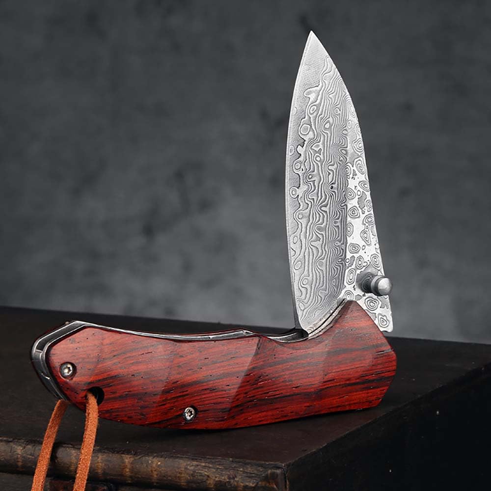 Klappmesser 6.9" Damast Taschenmesser Klein aus damaststahl, Sandelholz, Damaszener edelstahl, EDC Outdoor Messer, Survival Jagdmesser Scharfe Einhandmesser,Damascus neck knife tanto mit leder holster