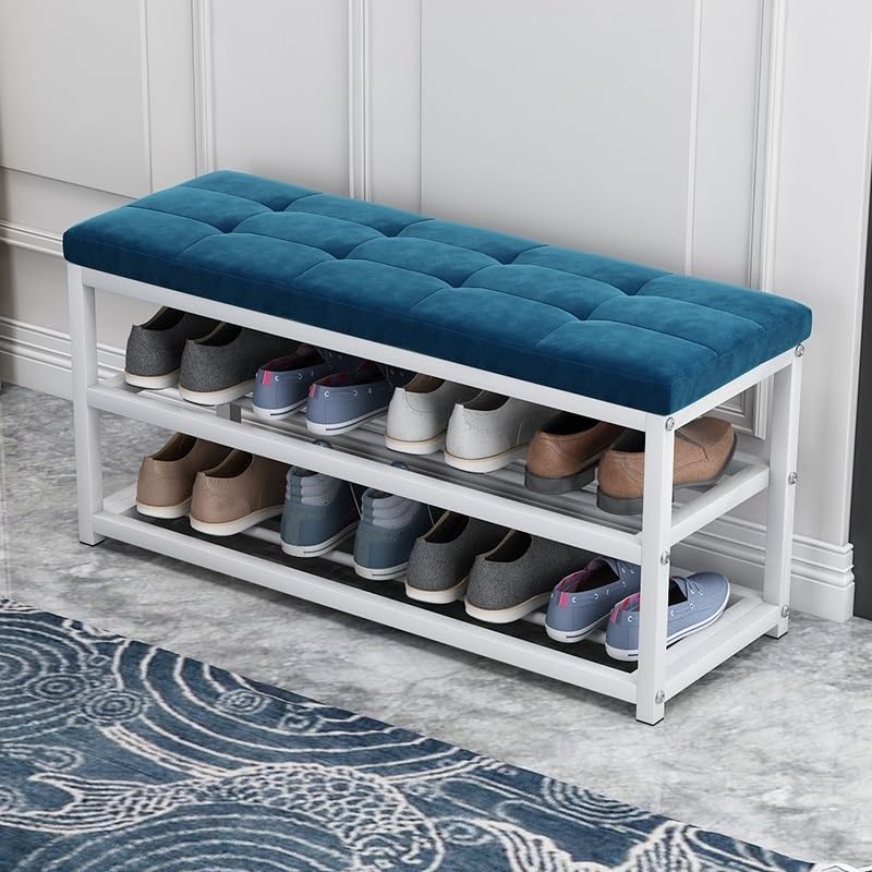Étagère de rangement chaussures métal et banc rembourré pour salon et couloir