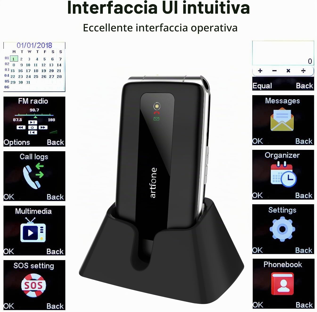 artfone F30 4G - Cellulare pieghevole senza contratto, tasti grandi, display a colori da 2,4 pollici, pulsante di emergenza SOS, stazione di ricarica, telefono cellulare per anziani, radio FM