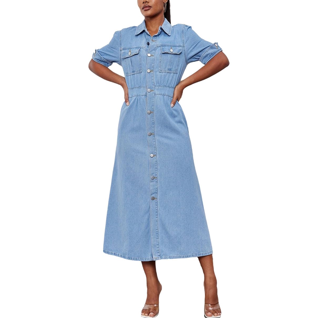 Lässiges, langes Jeanskleid für Damen, kurzärmelig, Knopfleiste vorne, A-Linie, Jeanskleid