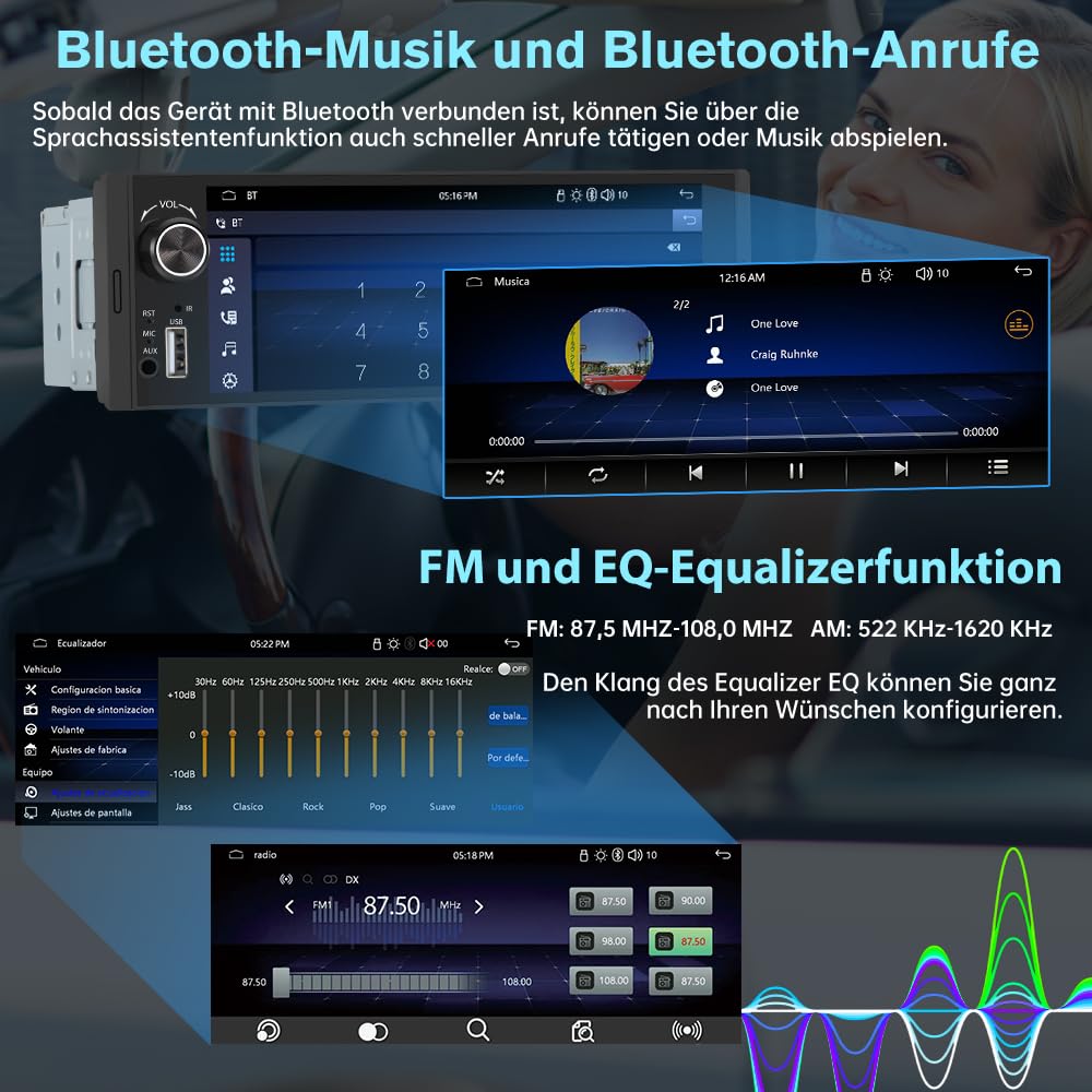 Junsun 1-DIN Autoradio mit 6,36 Zoll IPS-Touchscreen CarPlay & Android Auto, Lenkradsteuerung, Rückfahrkamera-Anschluss, USB, externes Mikrofon & RDS