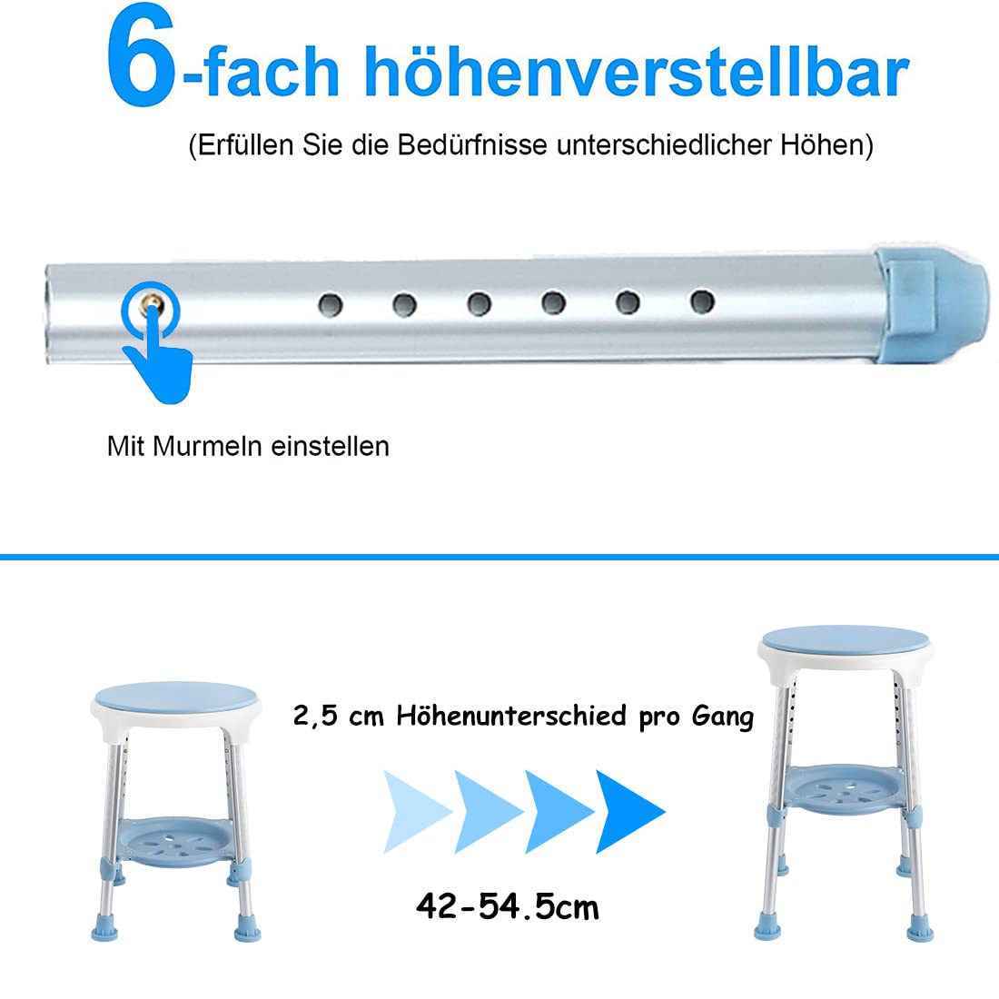 NAIZY Sgabello da doccia girevole a 360° 42-54 cm sedia da doccia per anziani sgabello da bagno regolabile in altezza antiscivolo con mensole sgabello da bagno aiuto doccia rimovibile