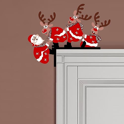 Marco de esquina de puerta de Navidad con reno de Papá Noel, decoración de pared, puerta, ventana, escultura de madera, adorno de puerta de Navidad