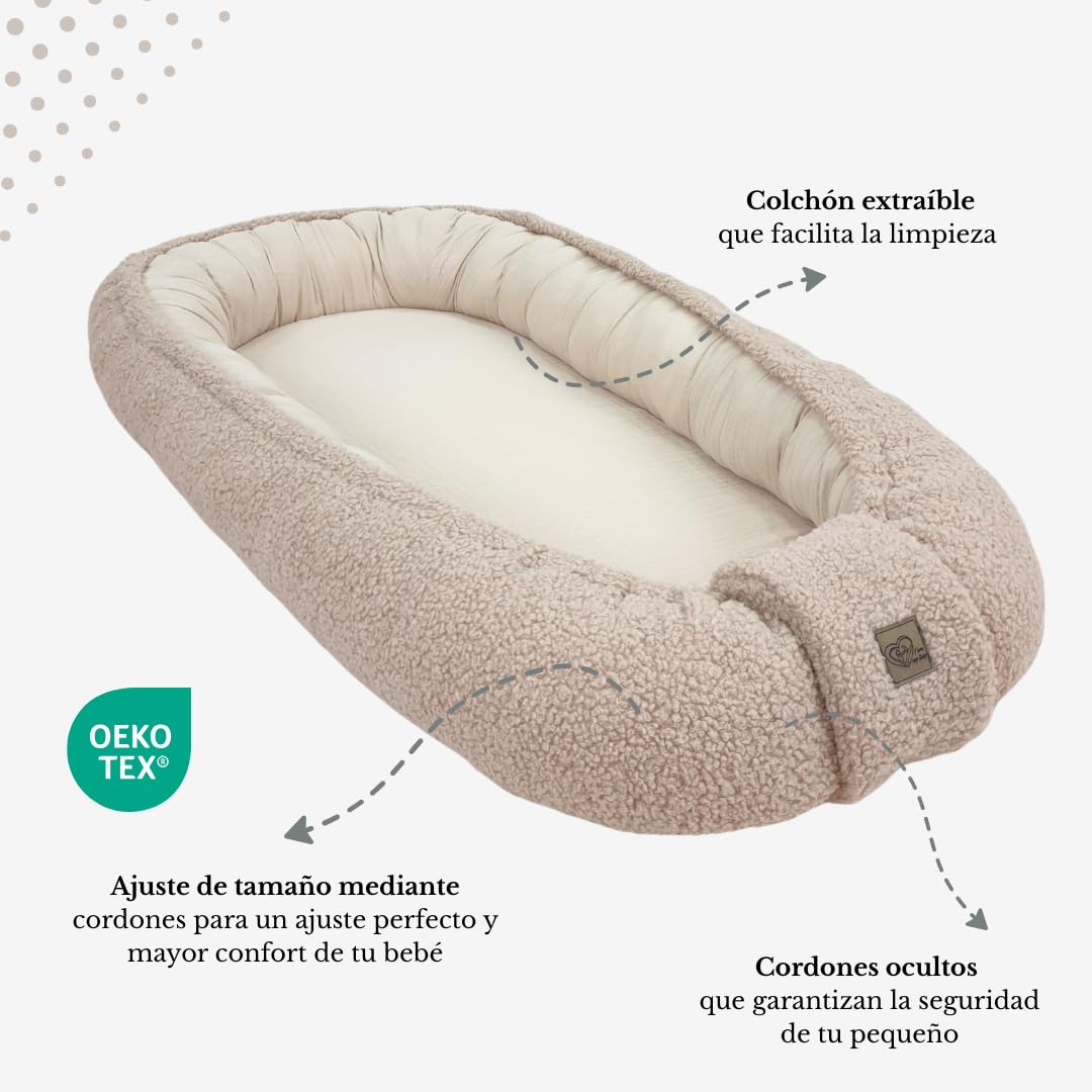 WIKLINOPOL Set Babynest Beige – Baby Nest para recién nacido, nido & cocoon con cojín Bärchen, manta & dou dou – Canastilla bebé transpirable de muselina & peluche Teddy