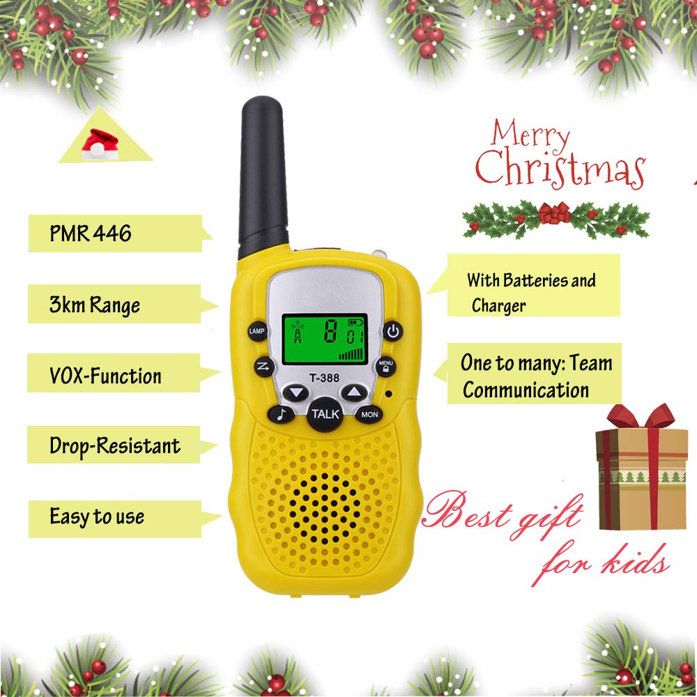 T-388 Walkie Talkie Bambini Ricaricabili, Giochi Bambini 5 6 7 8 9 10 11 12 Anni, Walky Talky per Bambini Torcia VOX 8 Canali Lunga Distanza 3 km (Giallo, 8 batteries)