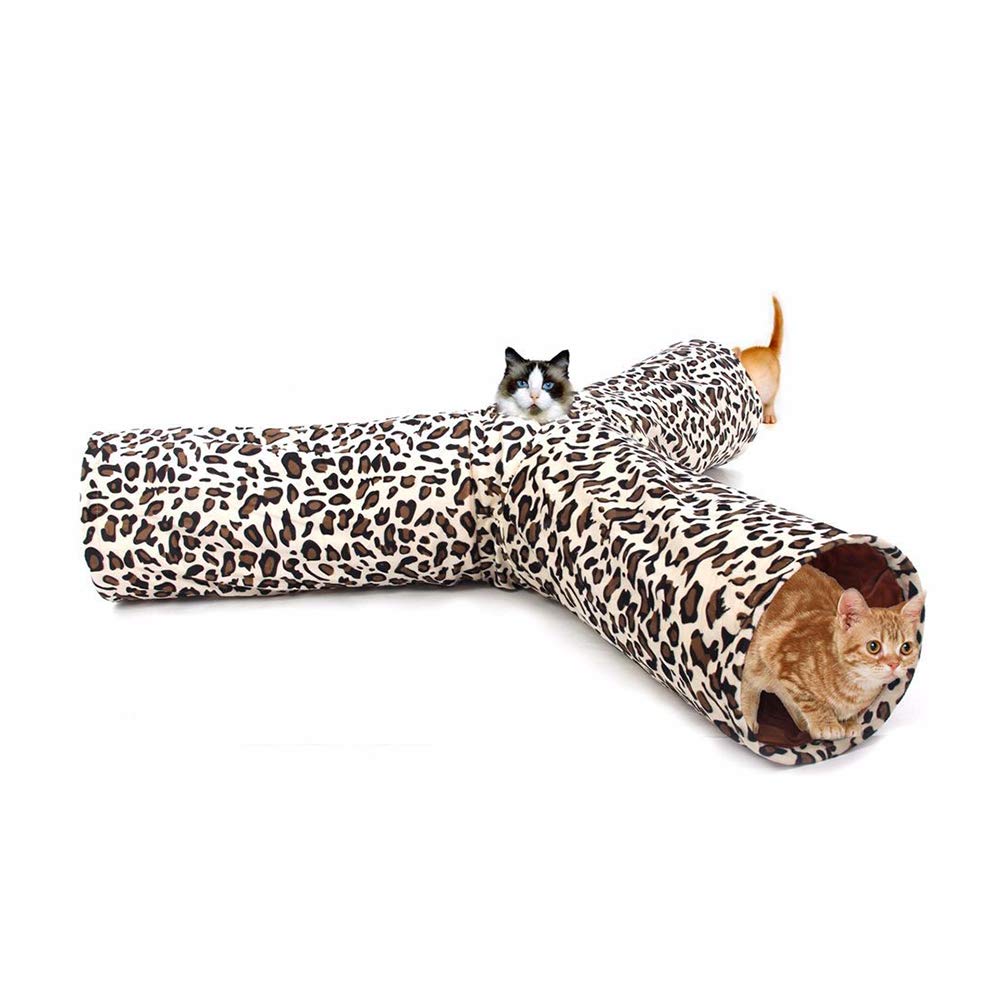 Tunnel chat léopard à 3 voies en peluche douce et papier bruissant pliable