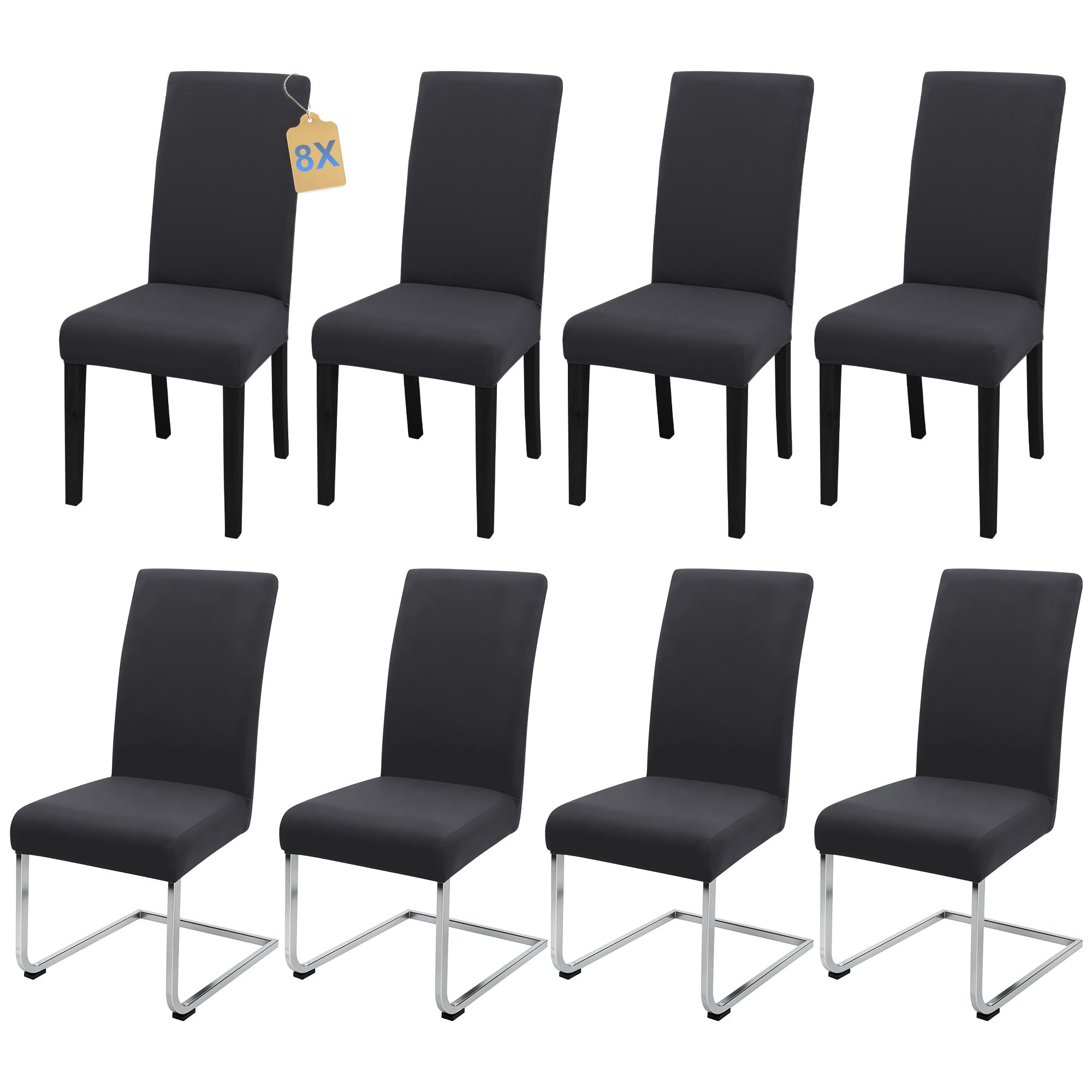 SUKAIKEQA Dehnbarer Stuhlbezug, Hochstuhlbezug, Bürostuhlbezug, (Satz 4/6/8 Stück mit Rückenlehne), geeignet für Wohnzimmer, Küche, Party und Hotel (8, Milchseide Dunkelgrau)