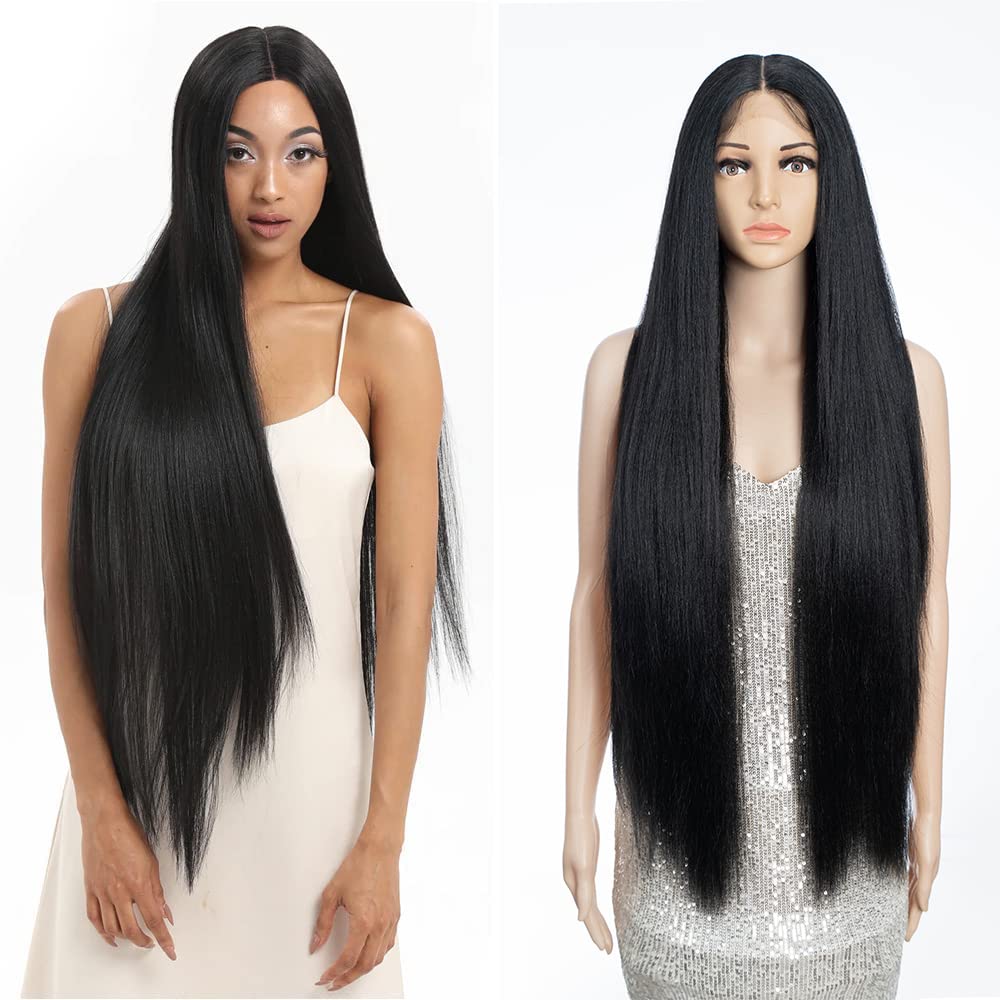 FASHION IDOL 13 * 4 HD Lace Synthetic Super-long Straight Wig for Women and Girls Suitable for all Occasions and Everyday Wear 38 Inchees (Black - Image 2