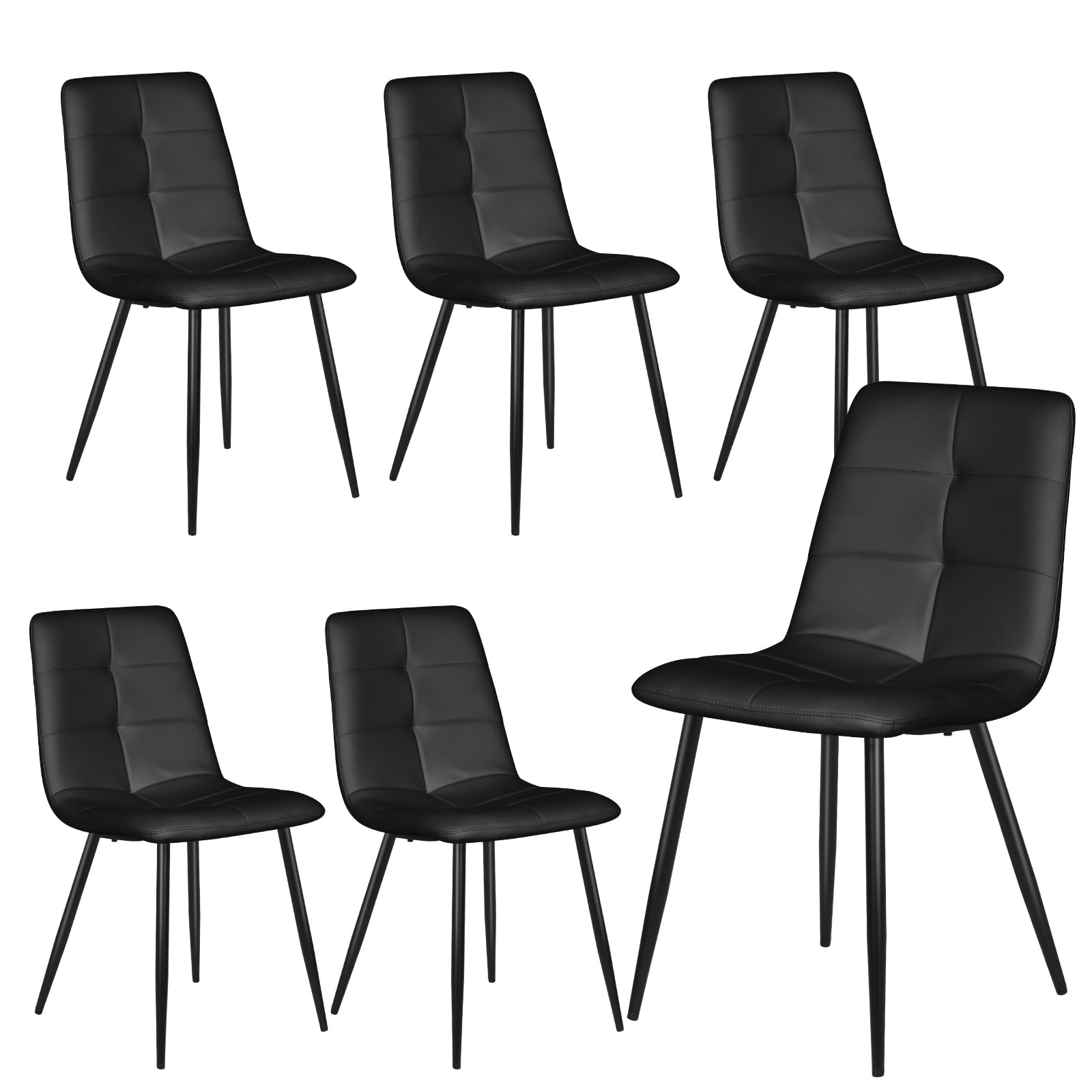 Luxstein Dining Chairs Set of 6, Modern Black Leather Upholstered Seat with Sturdy Black Metal Legs for Dining Room, Kitchen