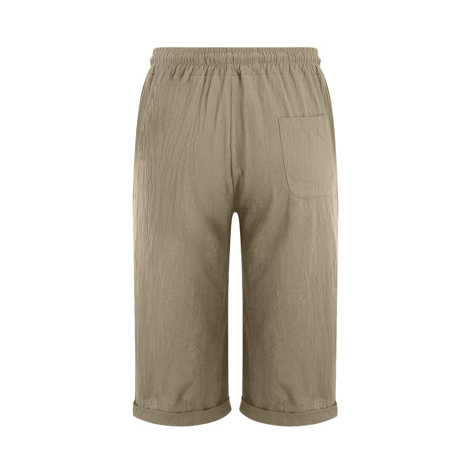 Pantaloni in Lino Donna 3/4 Curvy Pantaloncini Donna Estivi Cotone e Lino Leggeri Vita Alta con Coulisse ed Elastico Shorts Bermuda Larghi Eleganti Casual con Tasche per Spiaggia Sport e Tempo Libero