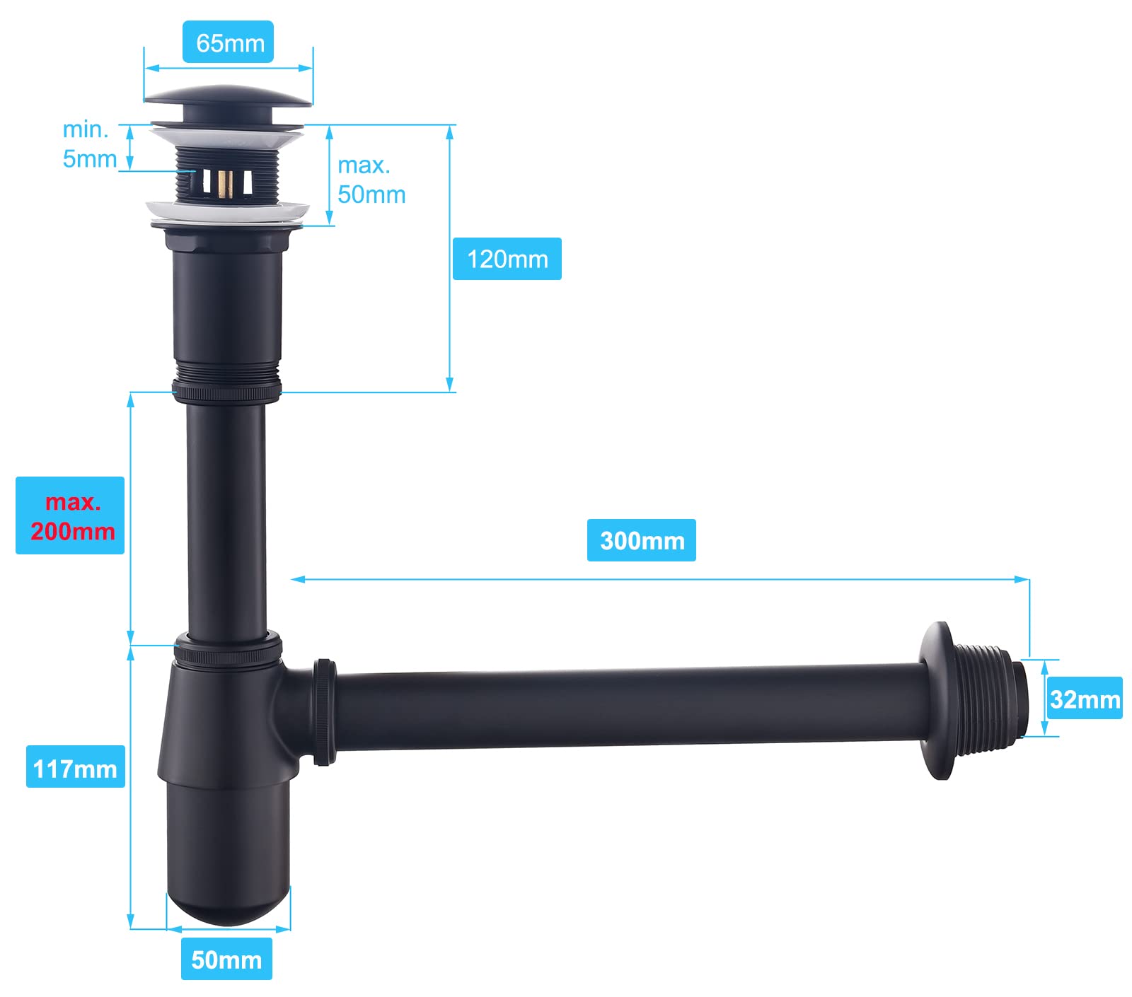 Kit – Siphon à Tasse avec Bonde avec Trop-plein pour Lavabo Noir mat, Laiton Universel Siphon Anti-Odeur, 1 1/4 Syphon Sifon