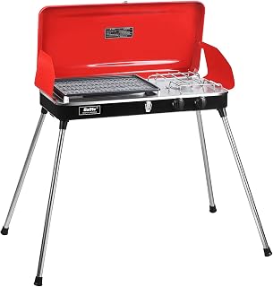 review PUPZO Liquid Propane Grill,2 Burner Grill/Stove Portable Barbecue Grill Outdoor Cooking Camping Stove Stainless Steel Red
