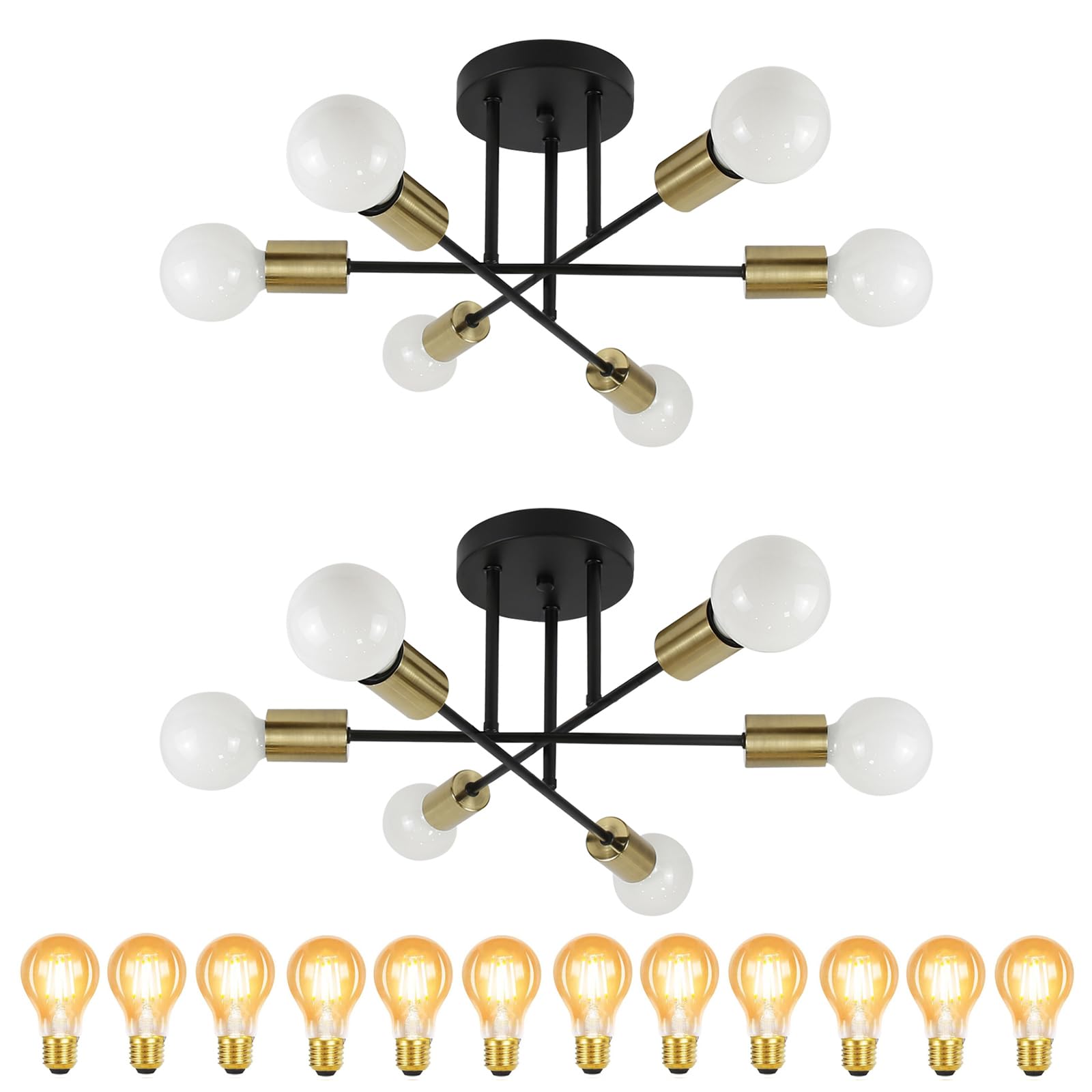 CBJKTX 2ER Deckenlampe Vintage Deckenleuchte Retro - 6 Flammig Wohnzimmerlampe Industrial E27 Schwarz-Gold aus Metall Schlafzimmerlampe mit 12 Lichtquellen für Schlafzimmer Küche Esszimmer