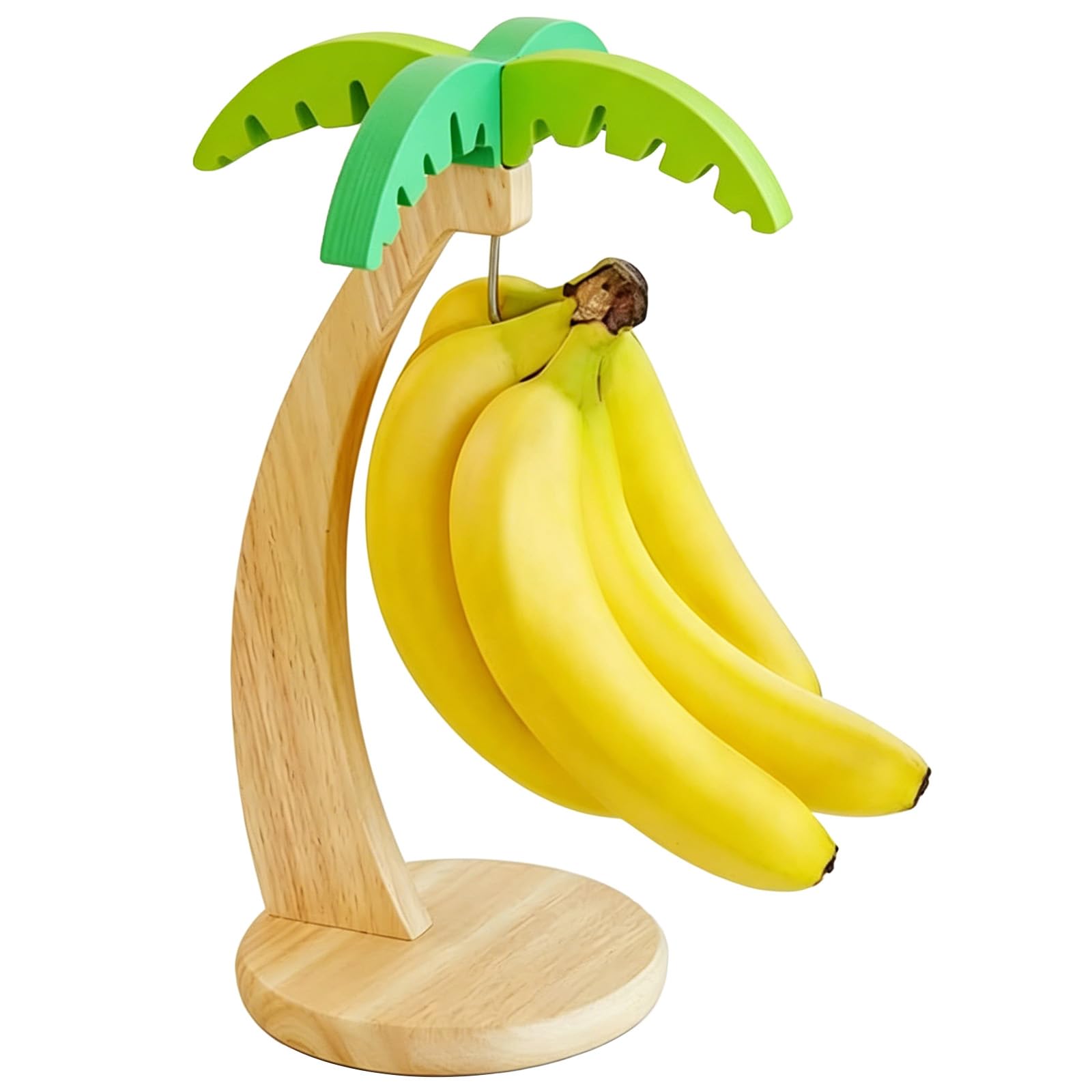 Techchii Wood Color + Green Wood Banana Hanger With Hook, Creative Shape Banana Tree Holder Stand To Keep Bananas Fresh, Fruit Stand For Kitchen Counter, Multifunctional Hook Rack