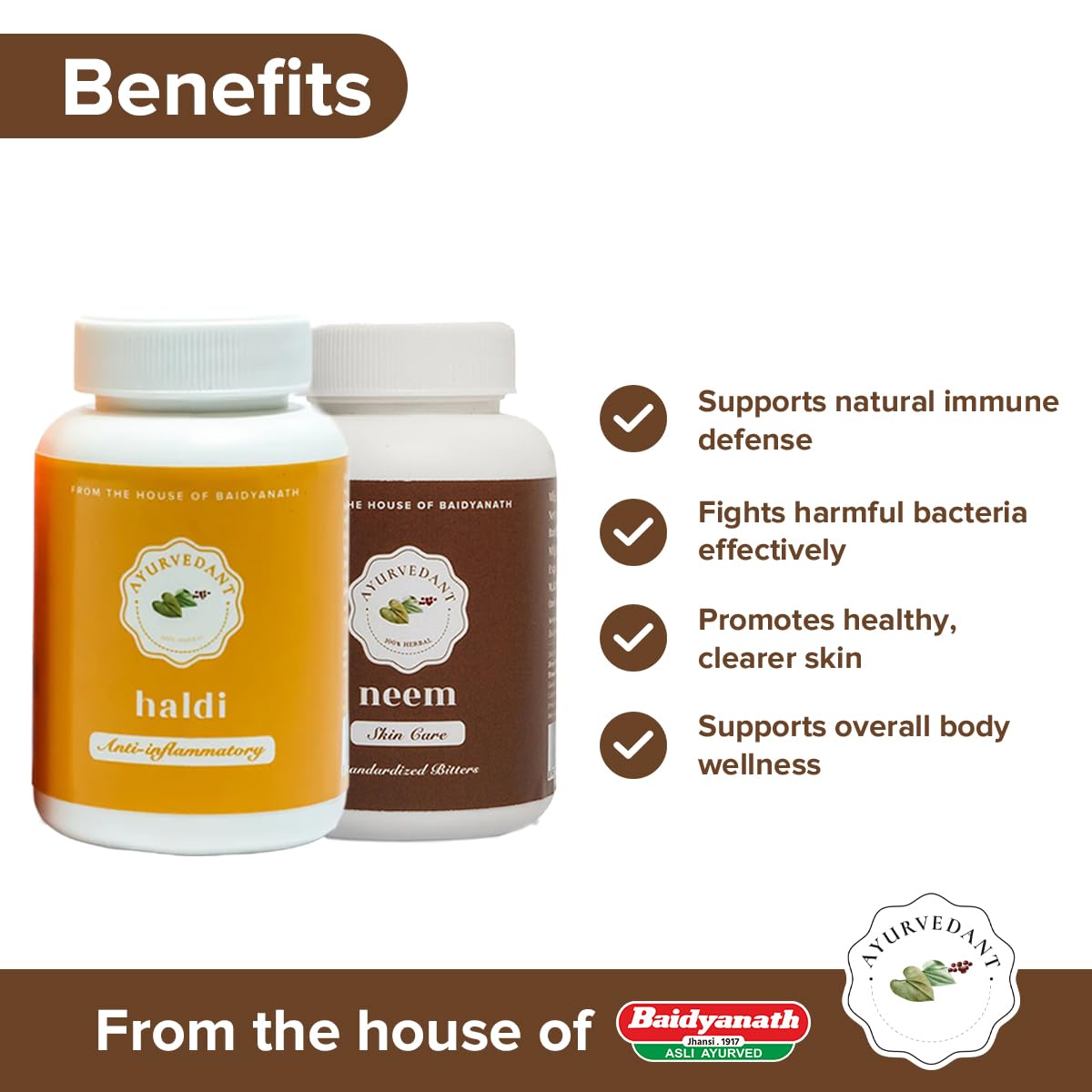 Ayurvedant Neem & Turmeric Tablets Combo Pack | 60 Tablets Each | Herbal Daily Detox & Immunity Support |From The House Of Baidyanath. 1