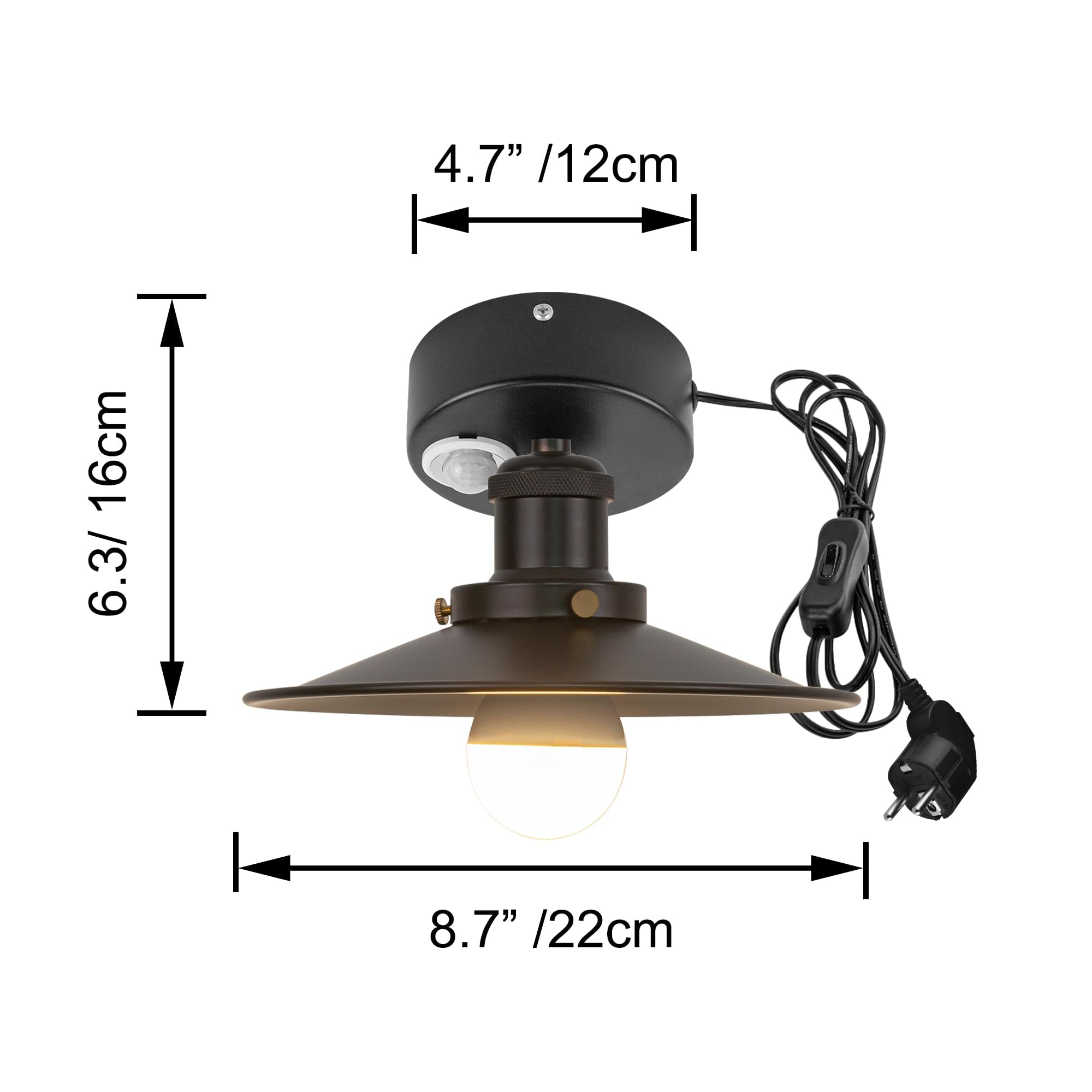 Plafoniera con sensore di movimento interno, lampada da soffitto in ferro industriale, sensore di movimento radar con cavo da 4,5 m e portalampada E27, per corridoio, bagno, scale, garage