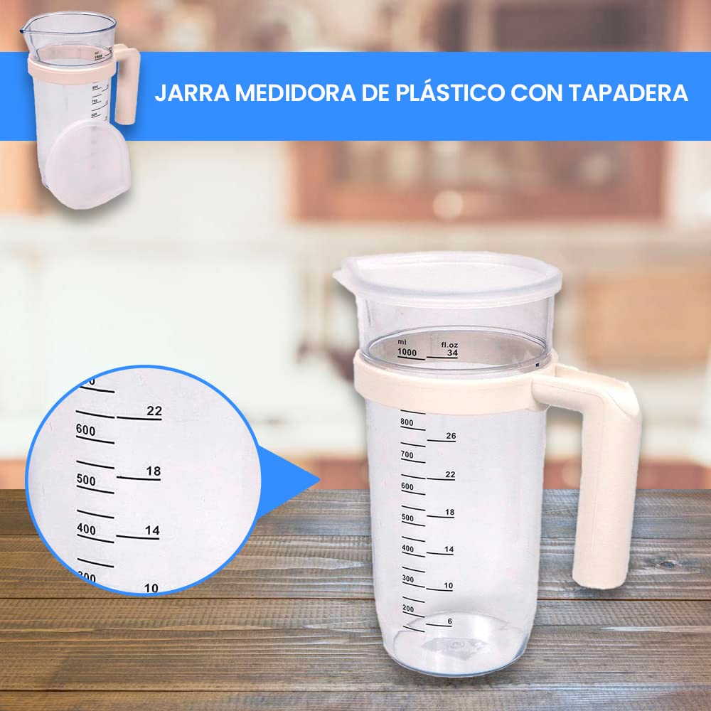 Anakel Home 1L Measuring Jug with Lid | Kitchen Measuring Cup for Blenders with Screen-Printed Measurements | 20.5 x 7.5 cm, Removable Handle, Durable Plastic